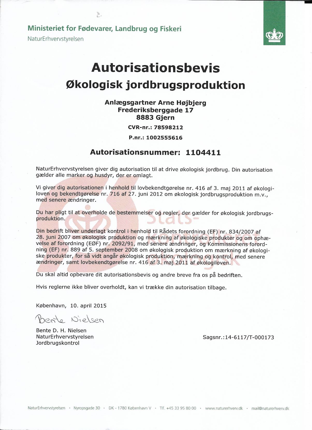 Autorisationsbevis for økologisk jordbrugsproduktion